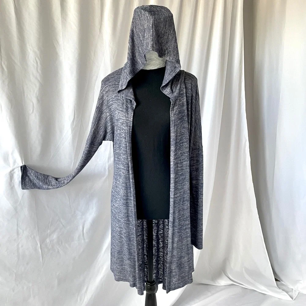 Vocal Hooded Blue Knit Duster Sz L Long Cardigan Rhinestone Stud Southwest Y2K